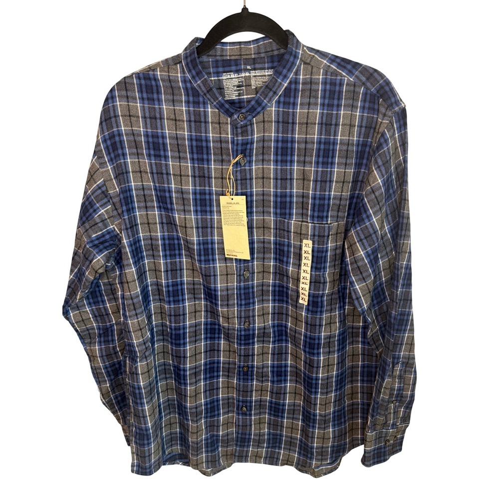 Muji Mens Flannel Stand Collar LS‎ Shirt Blue Check Plaid Cotton XL AC1ZHA5A-265